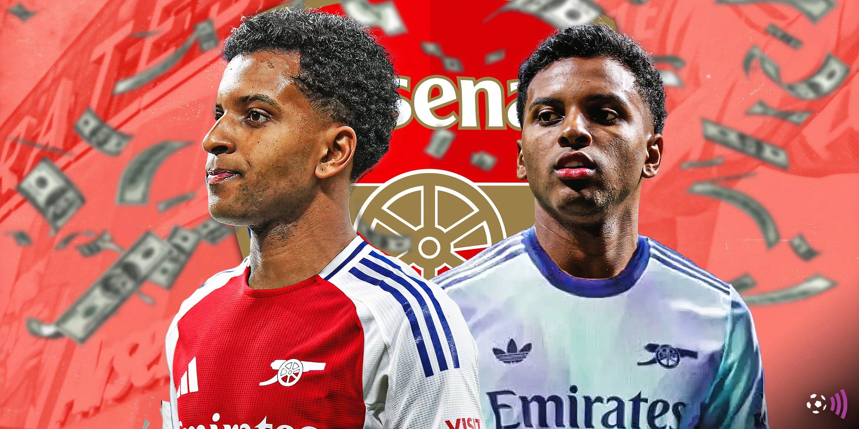 Biểu tượng Arsenal và hình ảnh Rodrygo, biểu thị thương vụ chuyển nhượng giữa hai bên